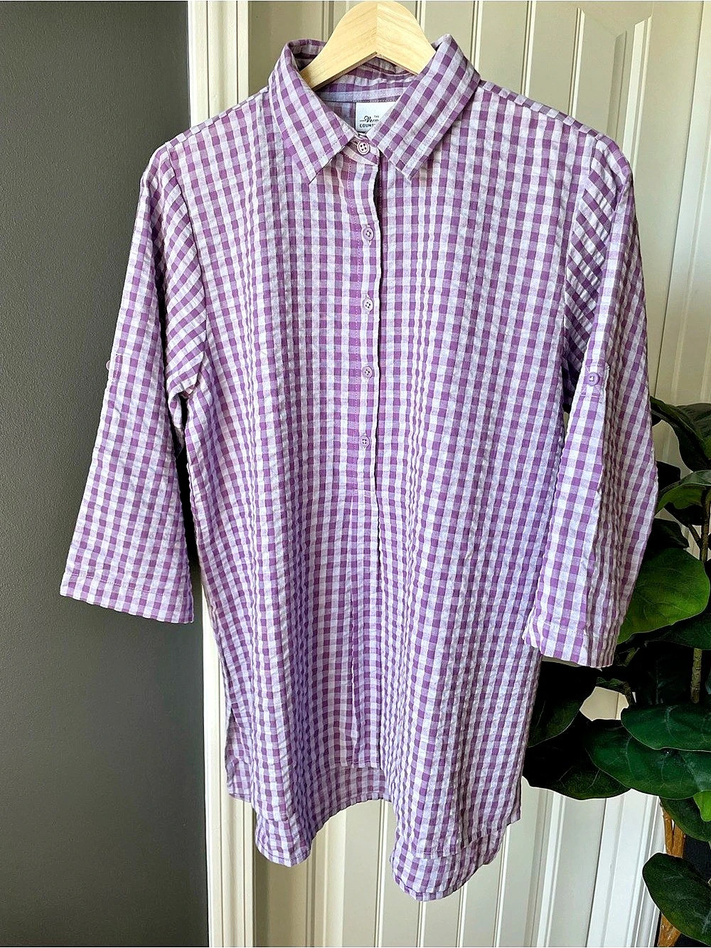 The Vermont Country Store Gingham Shirt Cotton 3/4 Sleeve Roll Tab Size S, NWOT